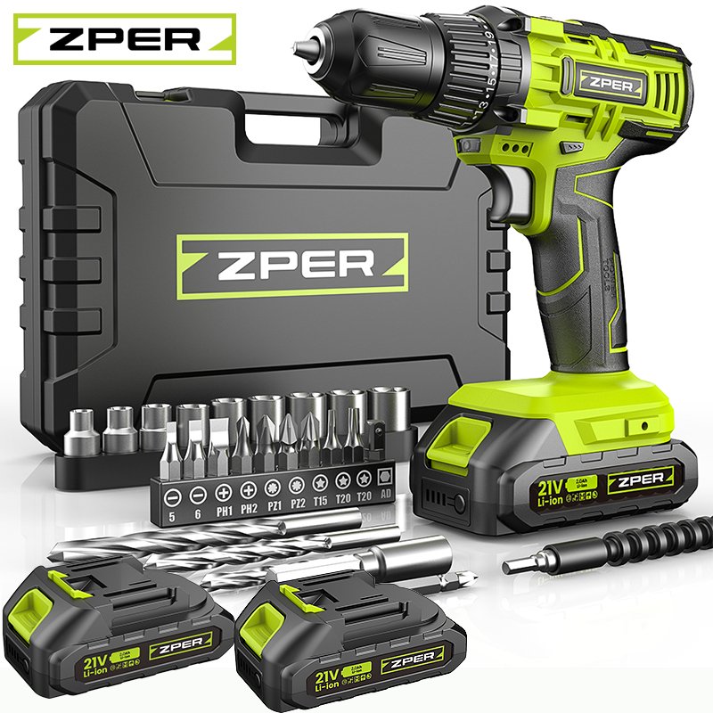 ZPER Furadeira Parafusadeira A Bateria 21V Com Duas Bateria Maleta Kit Ferramentas Completo