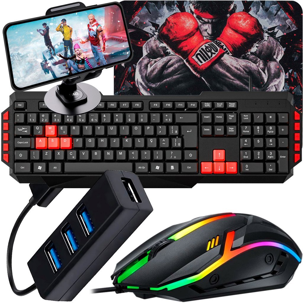 Kit Mobilador Gamer Completo com Teclado, Mouse RGB e Tripé | Tipo C ou V8