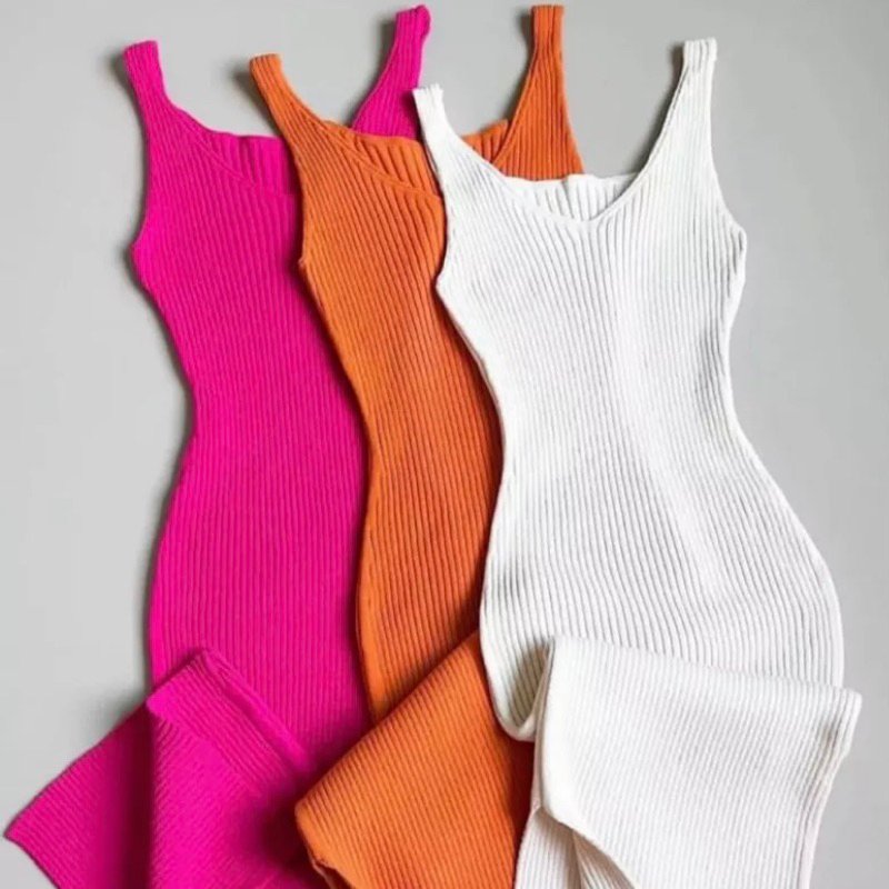 Vestido Tricot Canelado Moda decote v tubinho midi regata