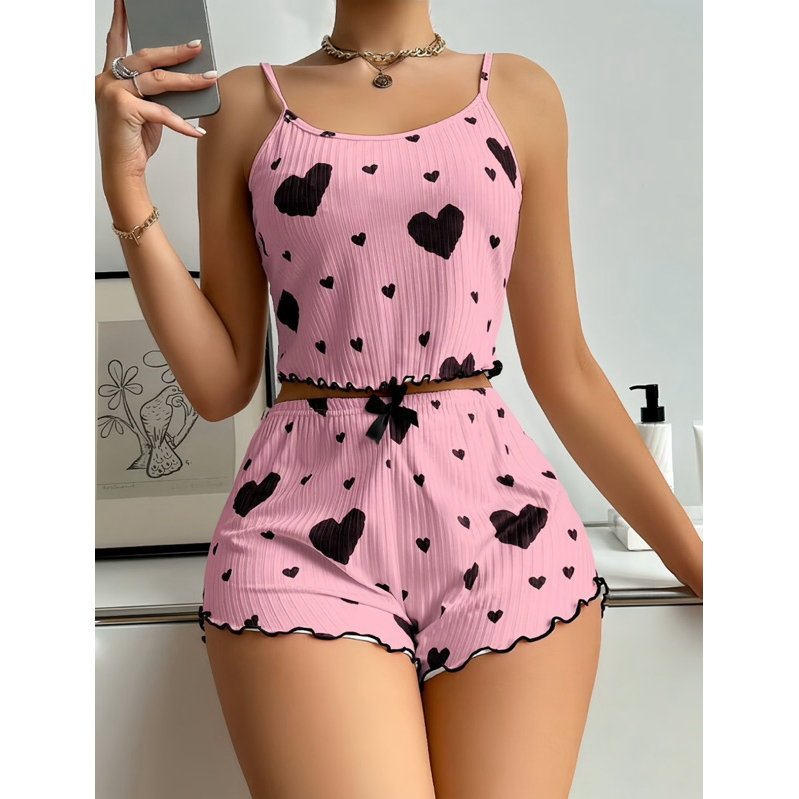 Pijama Feminino Cropped Coração Suede Canelado Conjunto Alcinha P ao G Plus Size Baby Doll