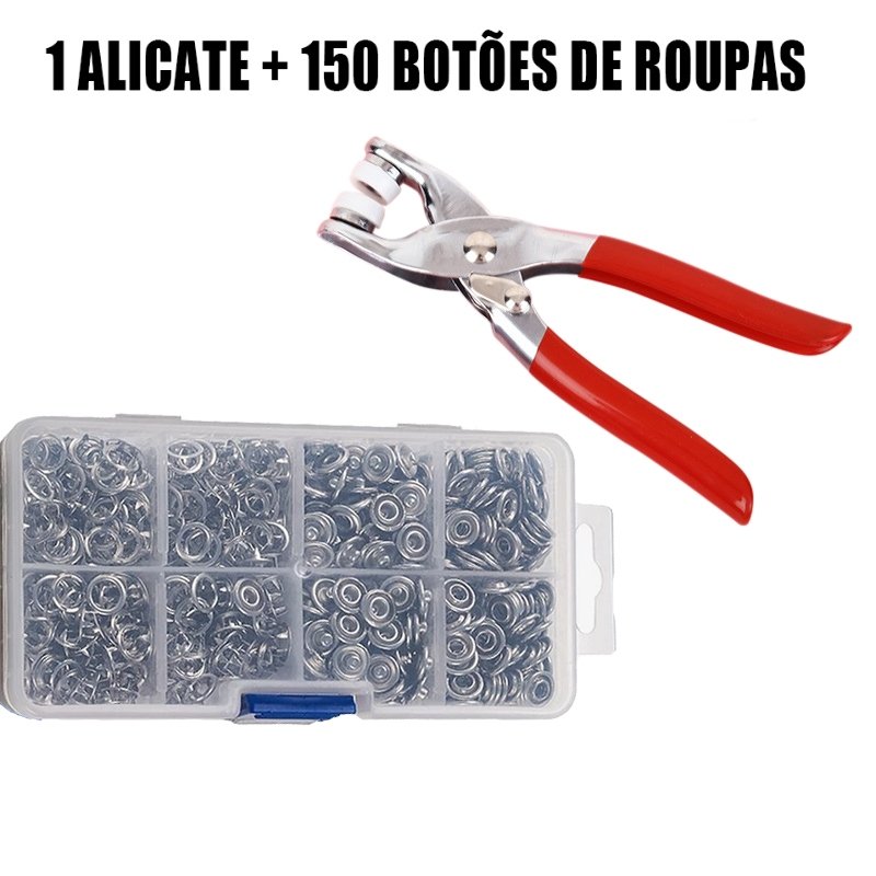 kit de Alicate Aplicador Para Botao De Metal De Pressao Roupa Bebe C/ 150 botões de roupas