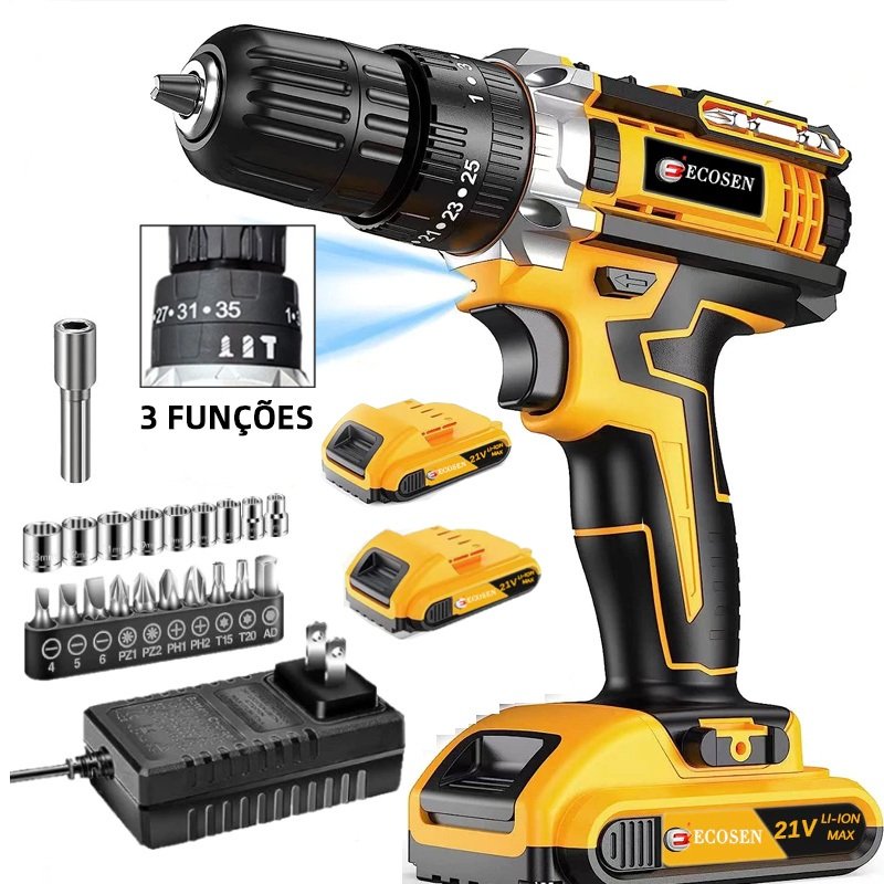 Parafusadeira Furadeira De Impacto 21v com Duas baterias recarregáveis 3 Funções