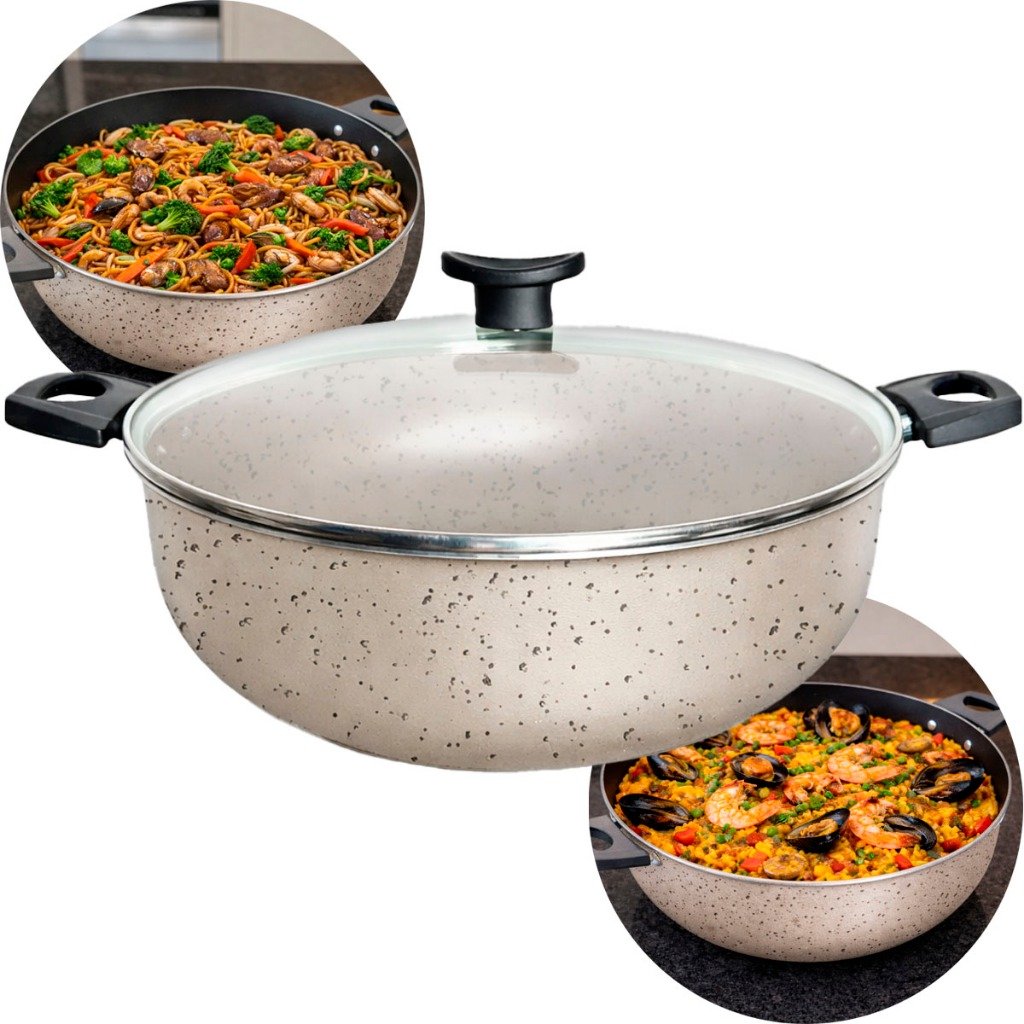 Frigideira Wok grande alta 30cm antiaderente teflon tampa de vidro caçarola paella paelleira