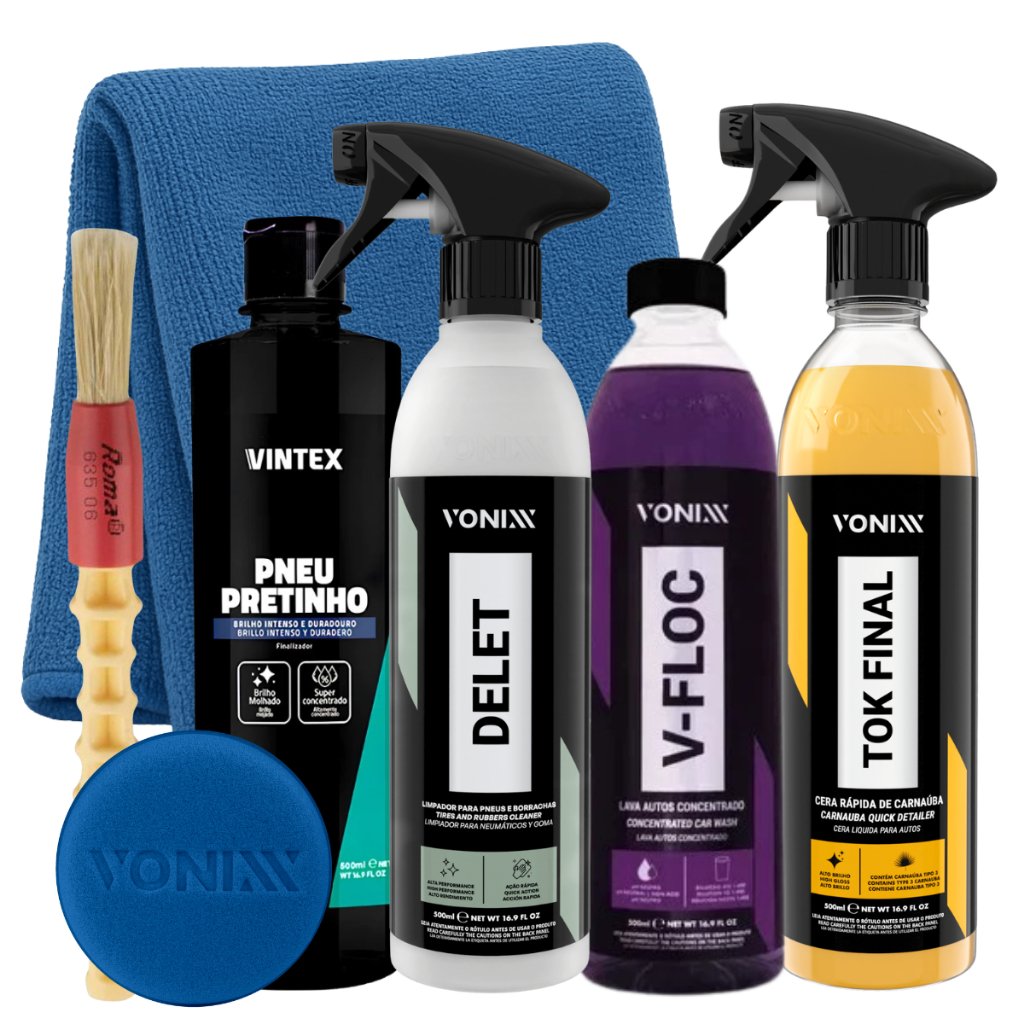 KIT CERA TOK FINAL SHAMPOO V-FLOC LIMPADOR DE BORRACHAS DELET VONIXX PNEU PRETINHO VINTEX