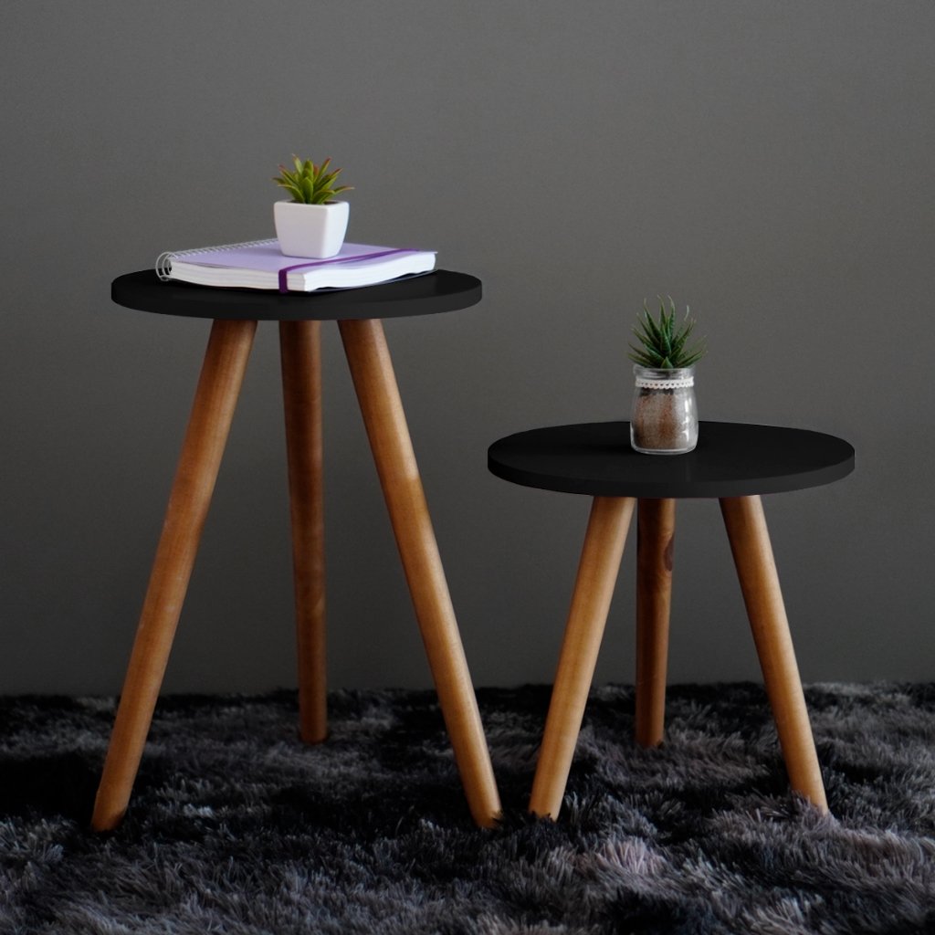 Duas Mesinhas Lateral Apoio Sofa Mdf Preto E Madeira