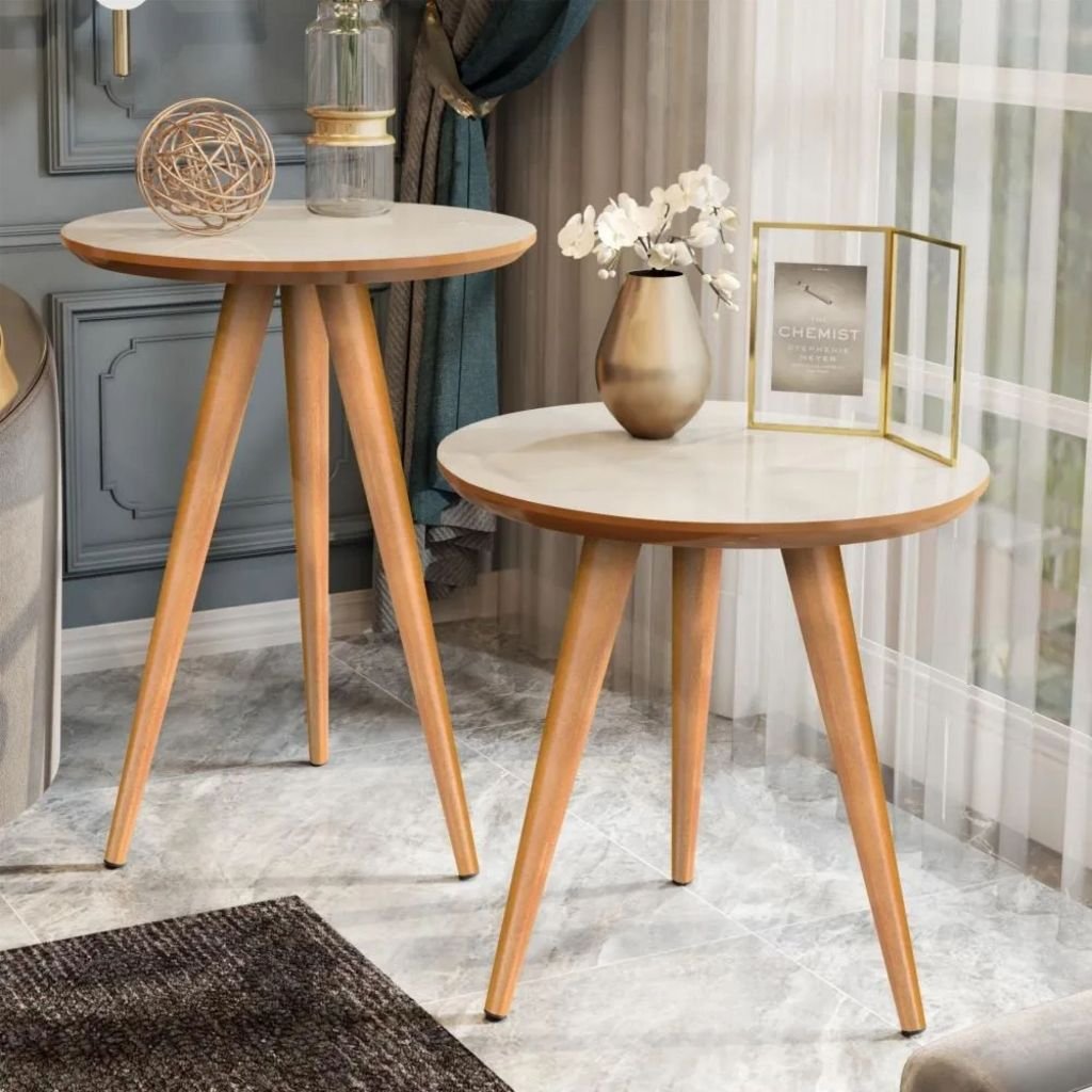 Duas Mesas Laterais Sofa Sala Canto Madeira Pés Palito Lindas