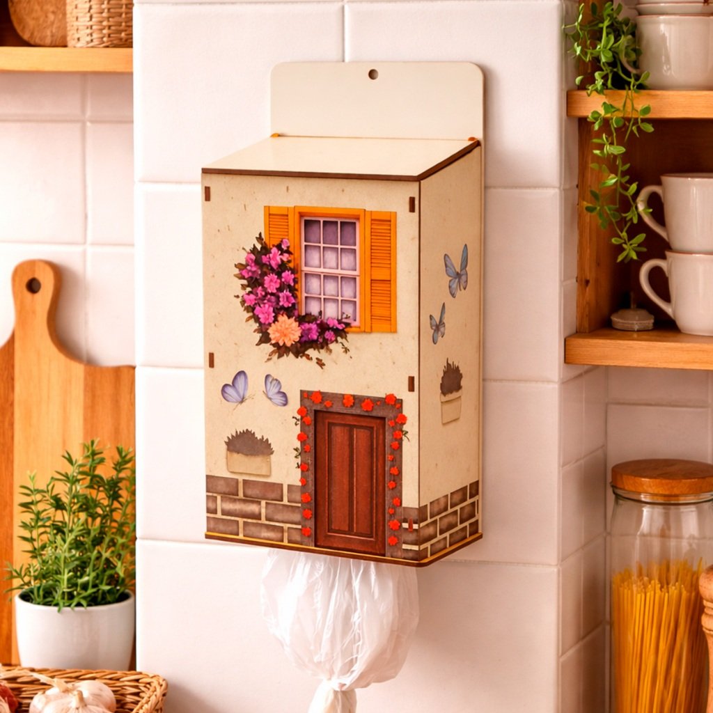 Puxa Saco De Parede Mdf Casinha Organizador De Sacolas Plasticas Cozinha Decorativo Lavanderia Adesivado 31cm Resistente