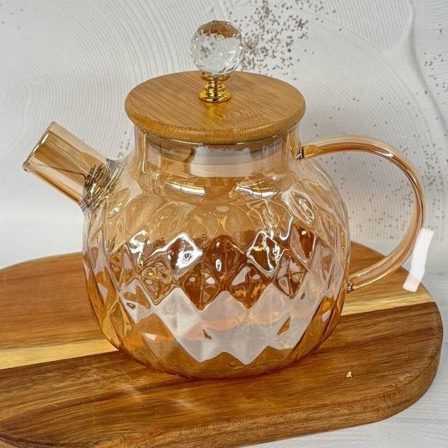 Chaleira De Vidro Bule que vai ao fogo 1 Litro Com Tampa de Bambu natural Com Cristal Vai ao fogo