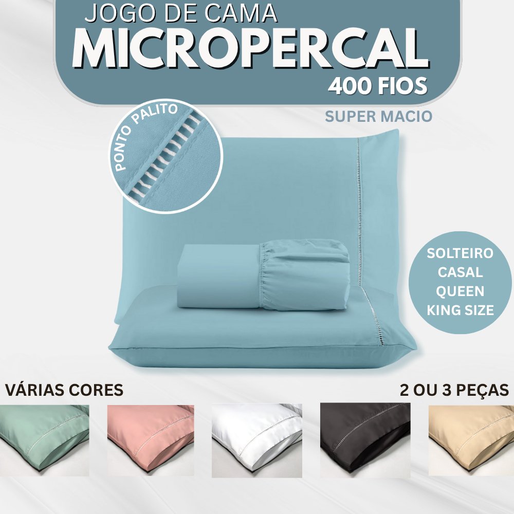 Jogo de Cama 400 fios Micropercal 2 e 3 Peças Ponto Palito Ultra Macio - Solteiro Casal Queen e King