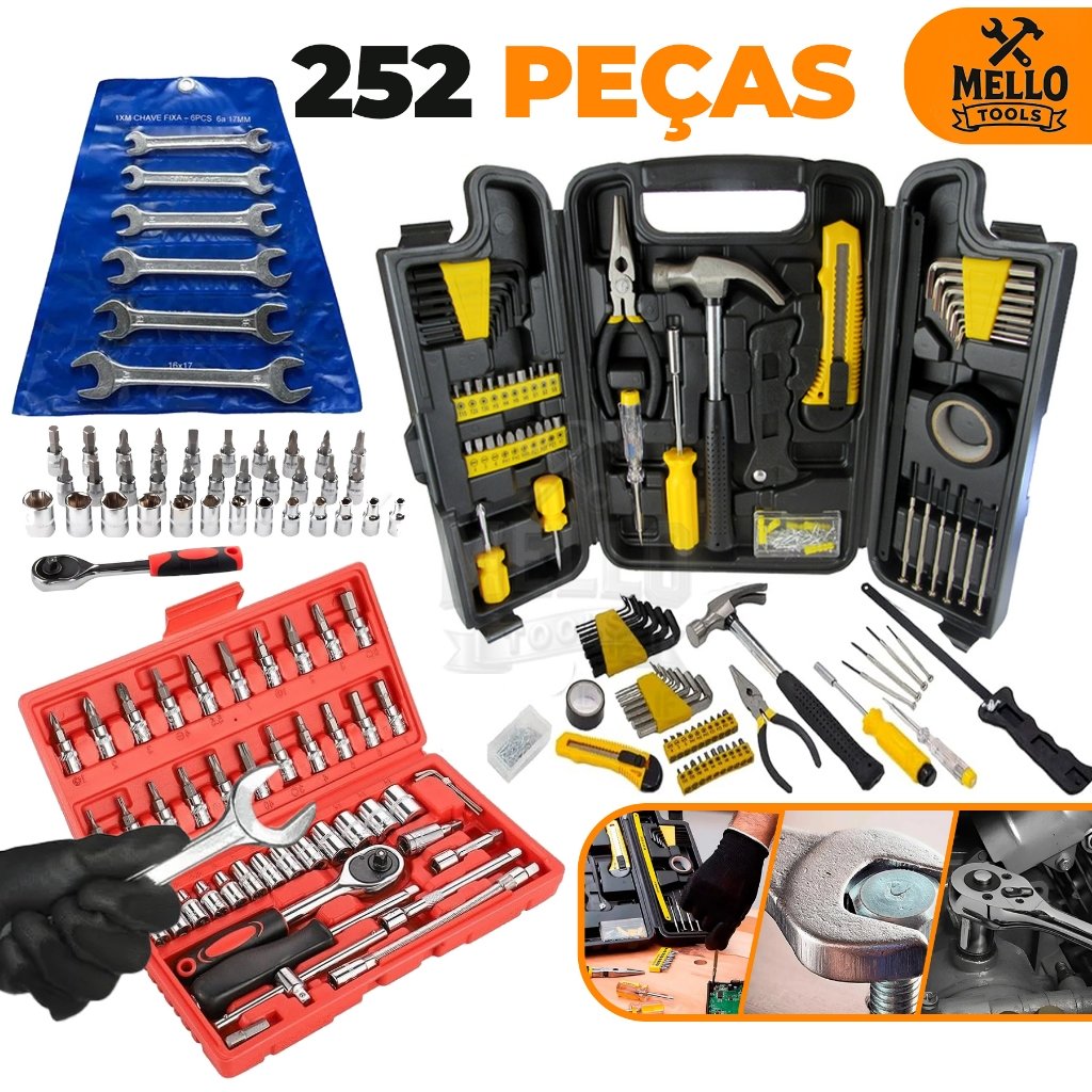 Jogo Kit de Ferramentas 252 Peças Completo com Maleta – Jogo de Chaves, Soquetes, Bits, Martelo e Maleta Mello Tools