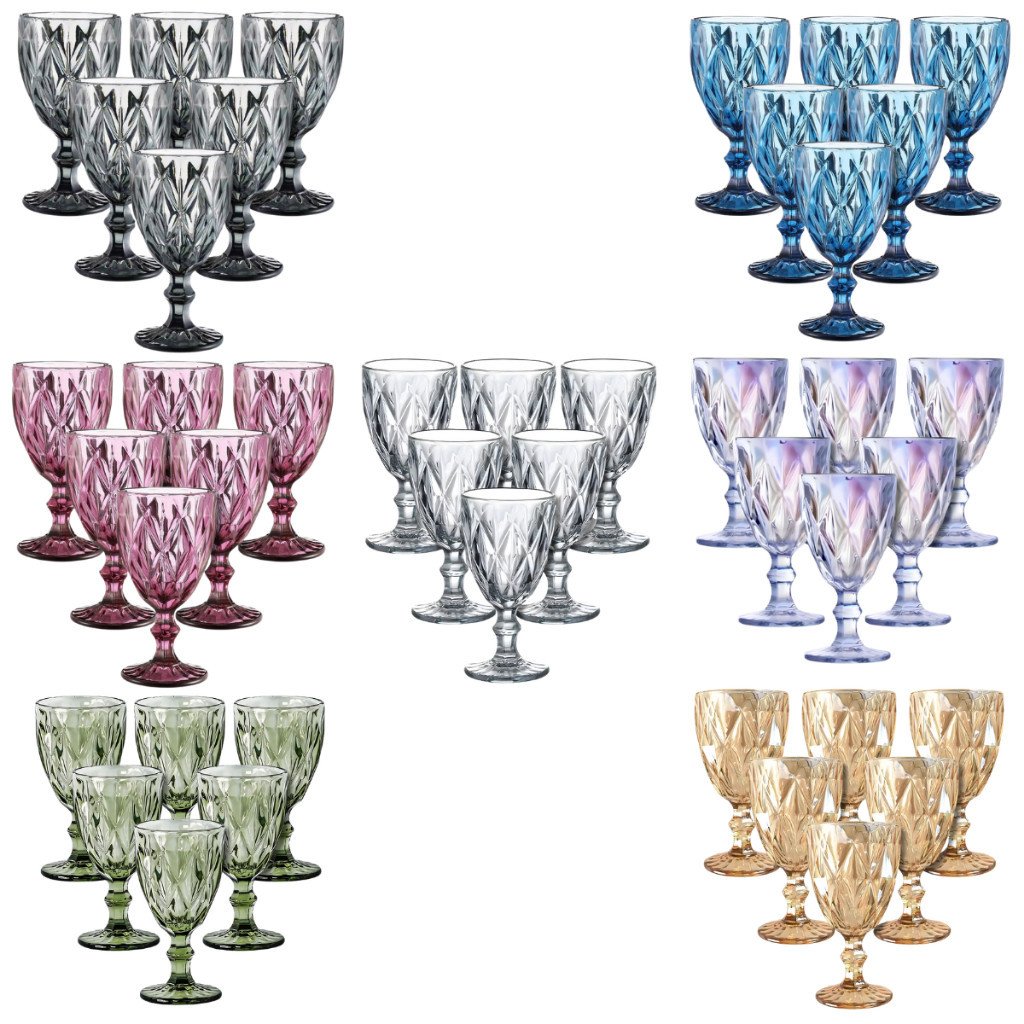 Kit Conjunto 6 Taças Diamond De Vidro de Agua Vinho Diamante Buffet Restaurante Luxo 330ml