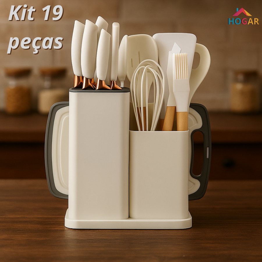 Conjunto de Utensílios de Silicone com Cabo de Madeira e Kit de Facas com Tábua 19peças