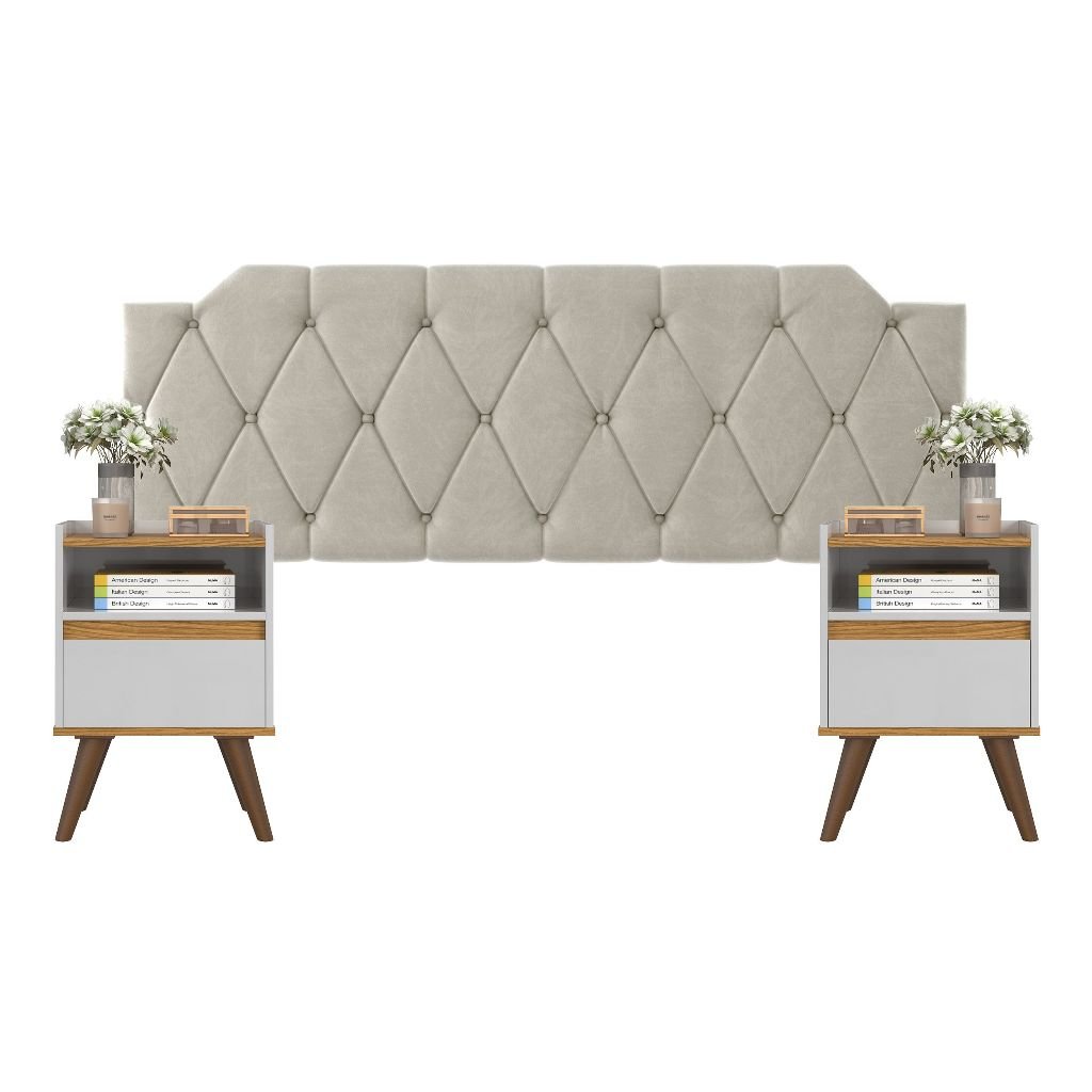 Conjunto Mesa De Cab Com Gaveta + Cabeceira Estofada Box Para Cama Queen KELLY E KIT TED BRA/FREIJÓ