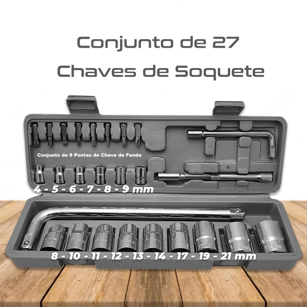 Kit Jogo De Ferramentas Soquetes 27 Peças Cromo Vanádio Completo Titanium