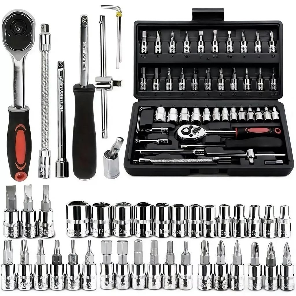 Kit De Ferramentas 46 Peças Jogo De Soquetes Chave Catraca Reversível Com Maleta Jogo Completo
