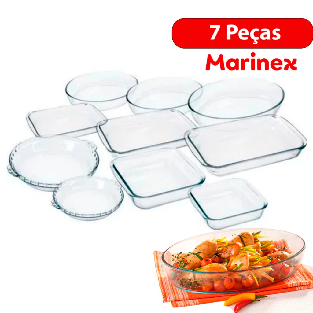 Conjunto Marinex  KIt  Jogo de Travessas 7 peças Variadas em Vidro Temperado próprias P/ Forno