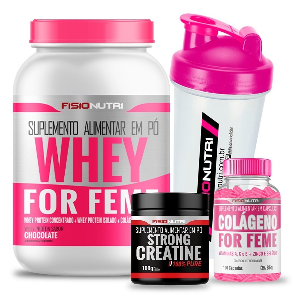 Kit Whey Feminino + Colágeno Cápsula + Creatina 100% Pura + Coqueteleira Fisionutri