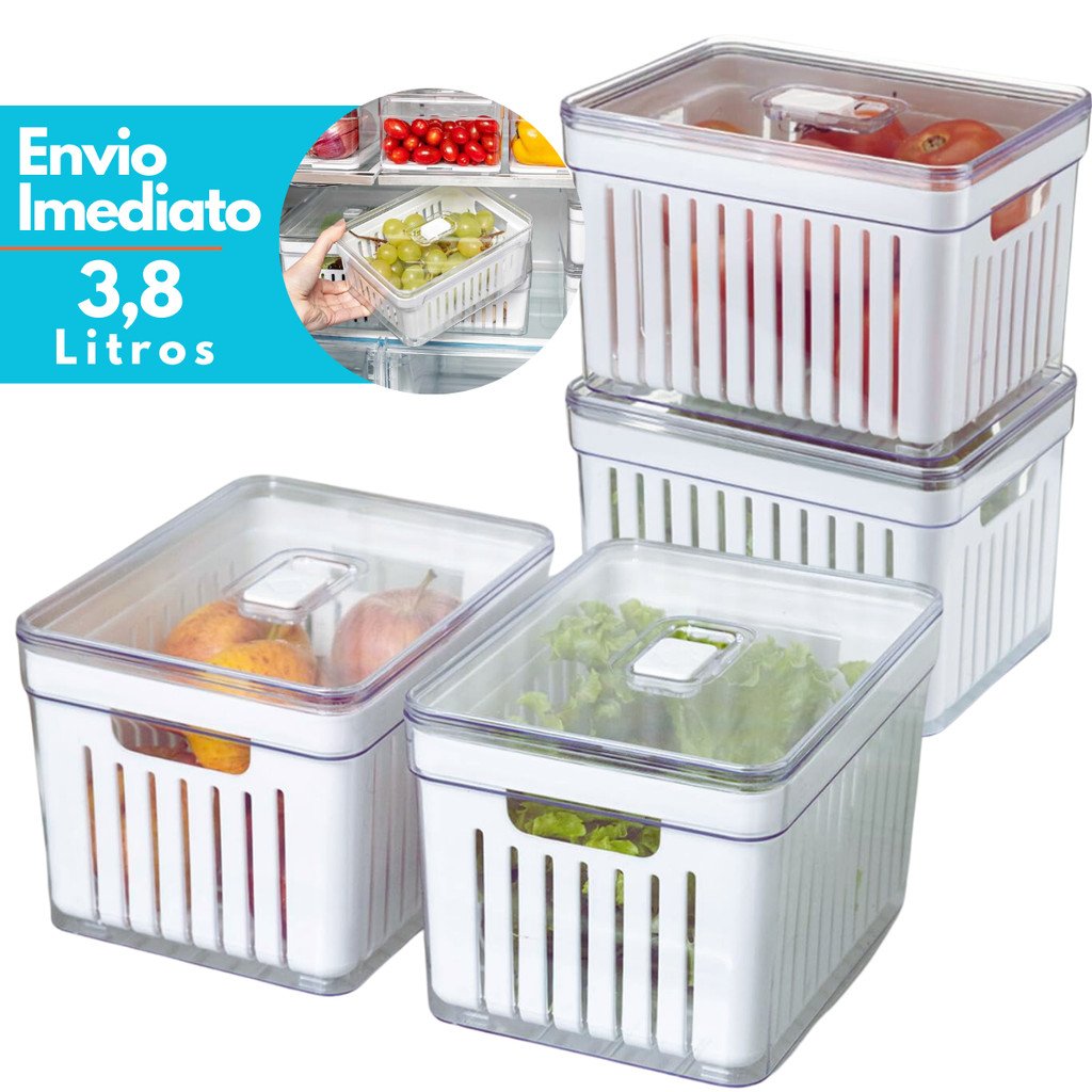 Organizador de Geladeira 3,8 Litros Cesto Com Tampa Alimentos Verduras Potes de Salada Premium