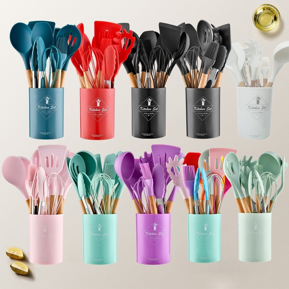 12 Peças Utensílios De Cozinha Colheres Espatula Silicone Cabo Madeira Decoração Livre BPA