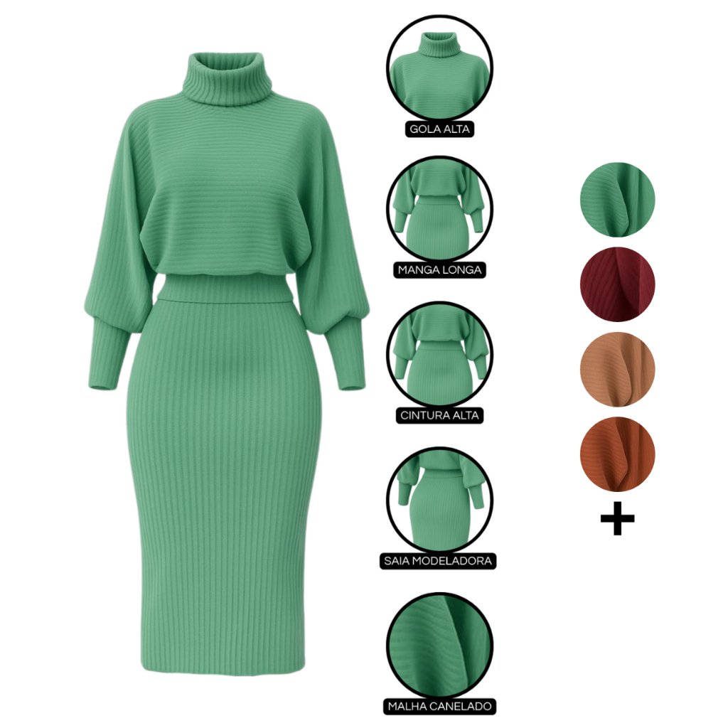 Conjunto Feminino Casual Blusa e Saia Inverno Modelador Canelado Gola Alta Elegante Aconchegante
