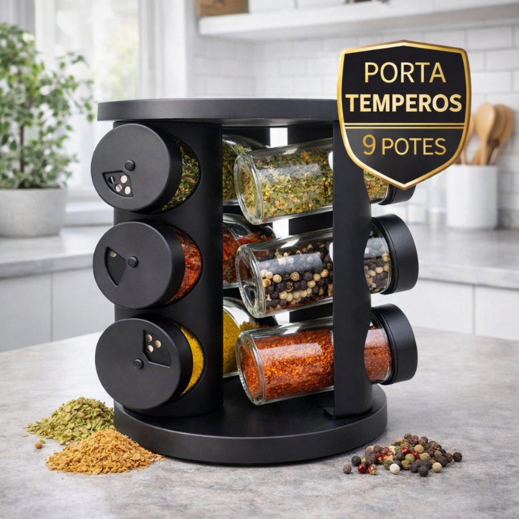 Porta Temperos Giratório Com 9 ou 6 Potes De Vidro Tampa Dosadora Preto