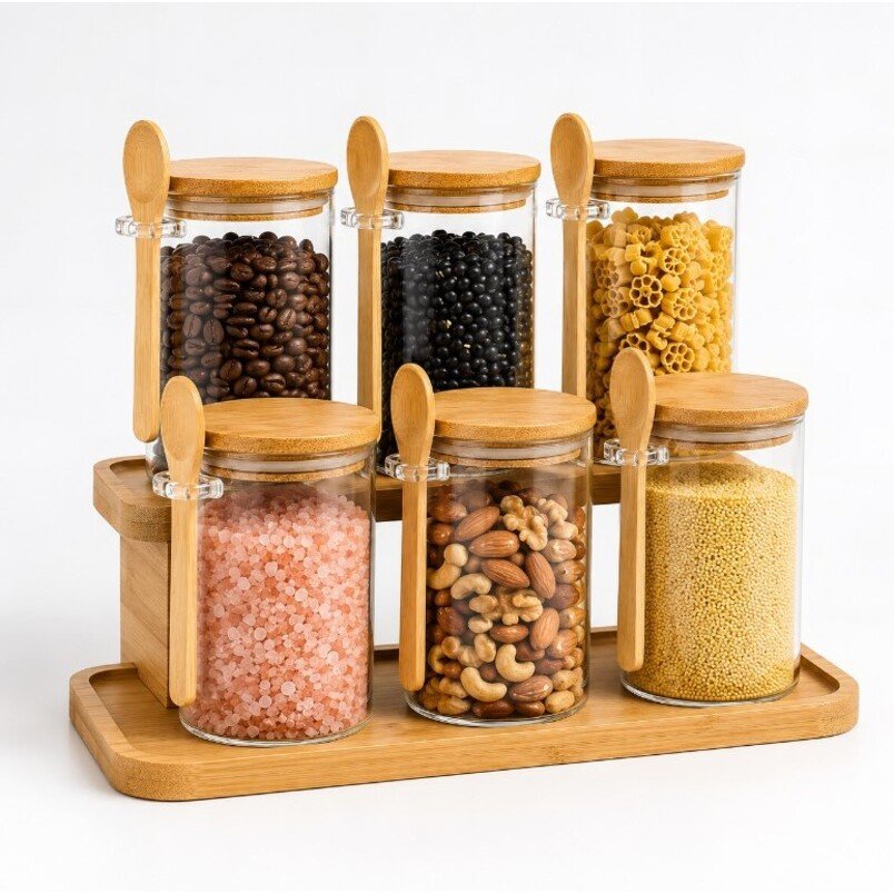 Kit Pote Hermético 250ml Vidro com Colher Tampa Bambu Porta Temperos Condimentos Organizador Cozinha