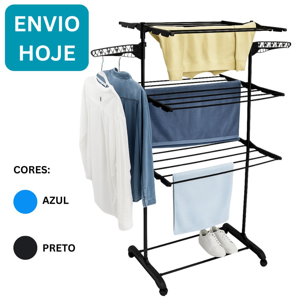 Varal De Chão 3 Andares Roupa Calcinha Grade Dobrável Portátil e Com Rodinhas