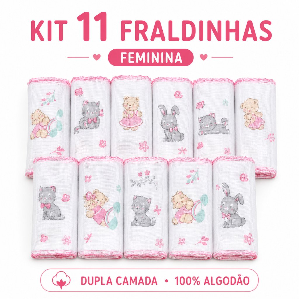 Kit 11 Fraldinhas de Boca Bebê Estampadas 35x35cm Dupla Camada Maternidade Enxoval Luxo