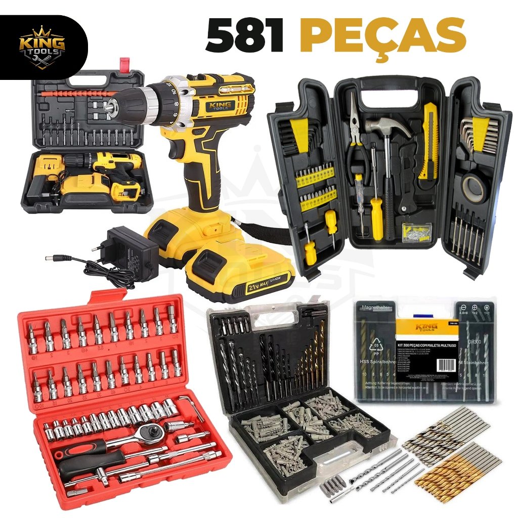 Kit Ferramentas 581 Peças + Parafusadeira 21V Sem Fio Completa + Jogo de Brocas Bits Soquetes 46 Peças Profissional